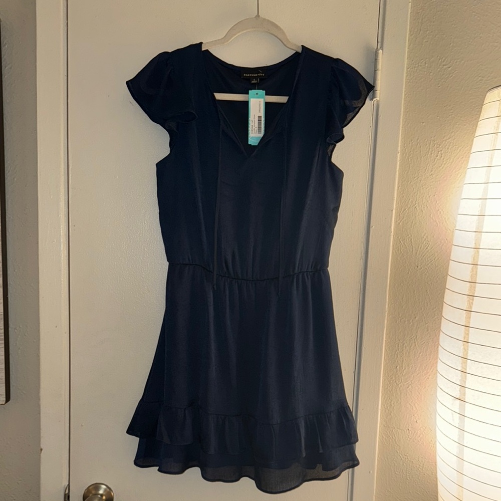 FORTUNE IVY Navy Blue Ruffle Sleeve Dress